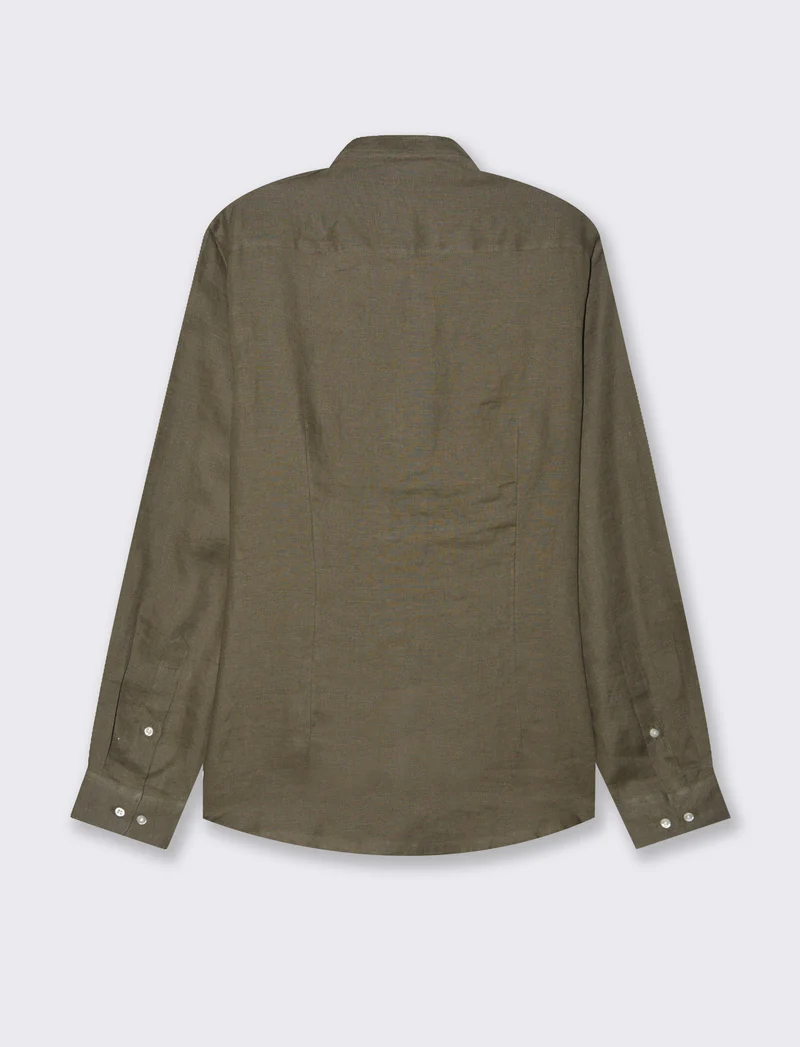 Camicia coreana 100% lino da uomo - Verde kaki