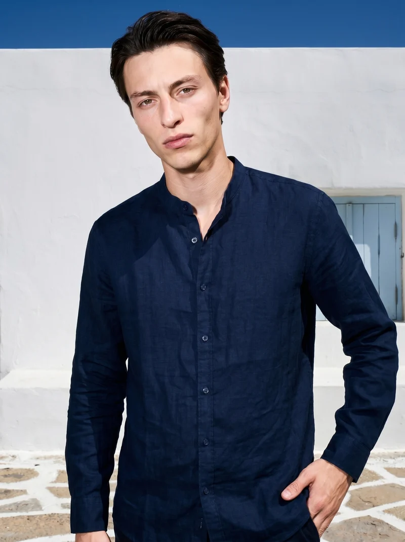 Camicia coreana 100% lino da uomo - Blu