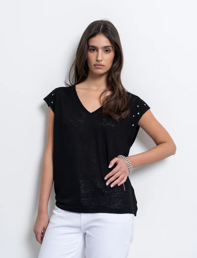 T-shirt con applicazioni da donna - Nero