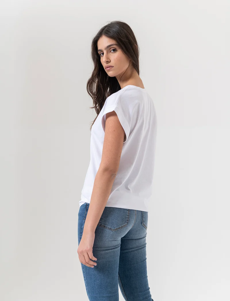 T-shirt con stampa e perline da donna - Bianco