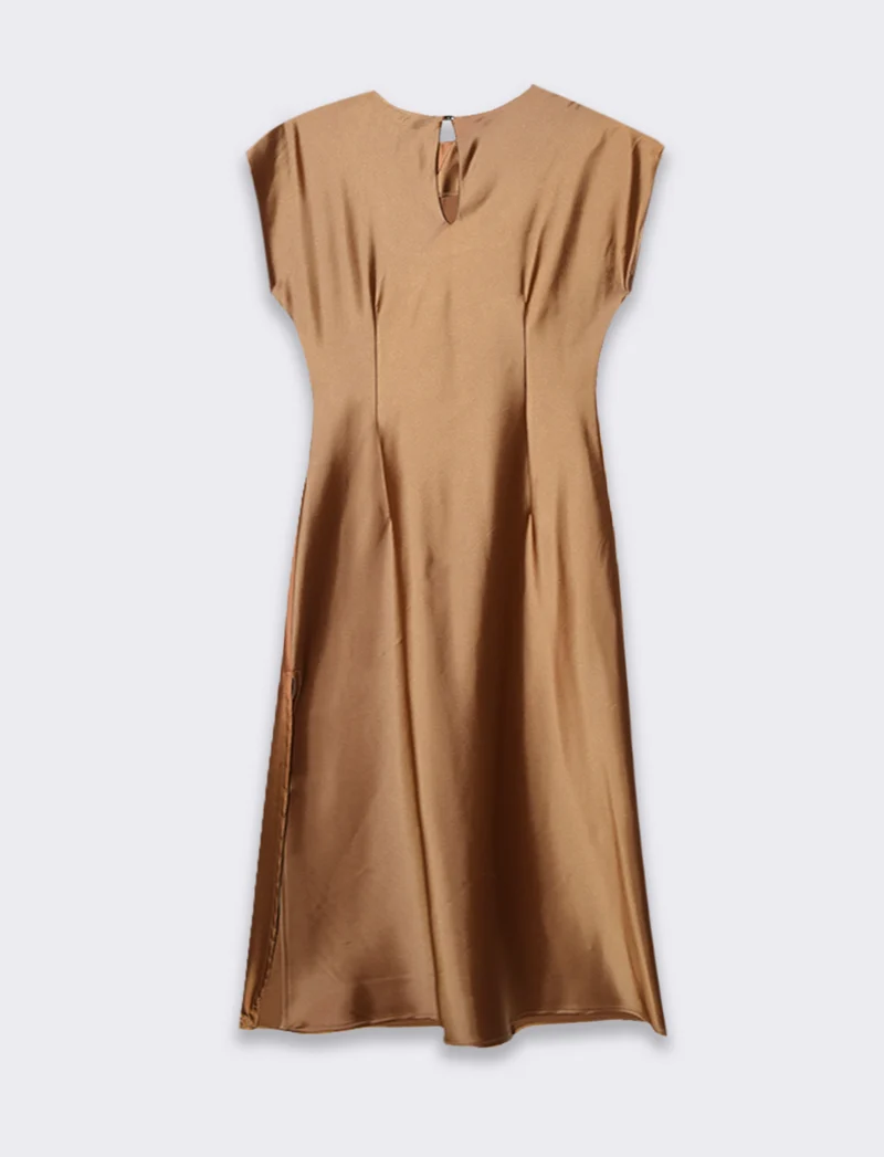 Vestito smanicato di raso - Cacao