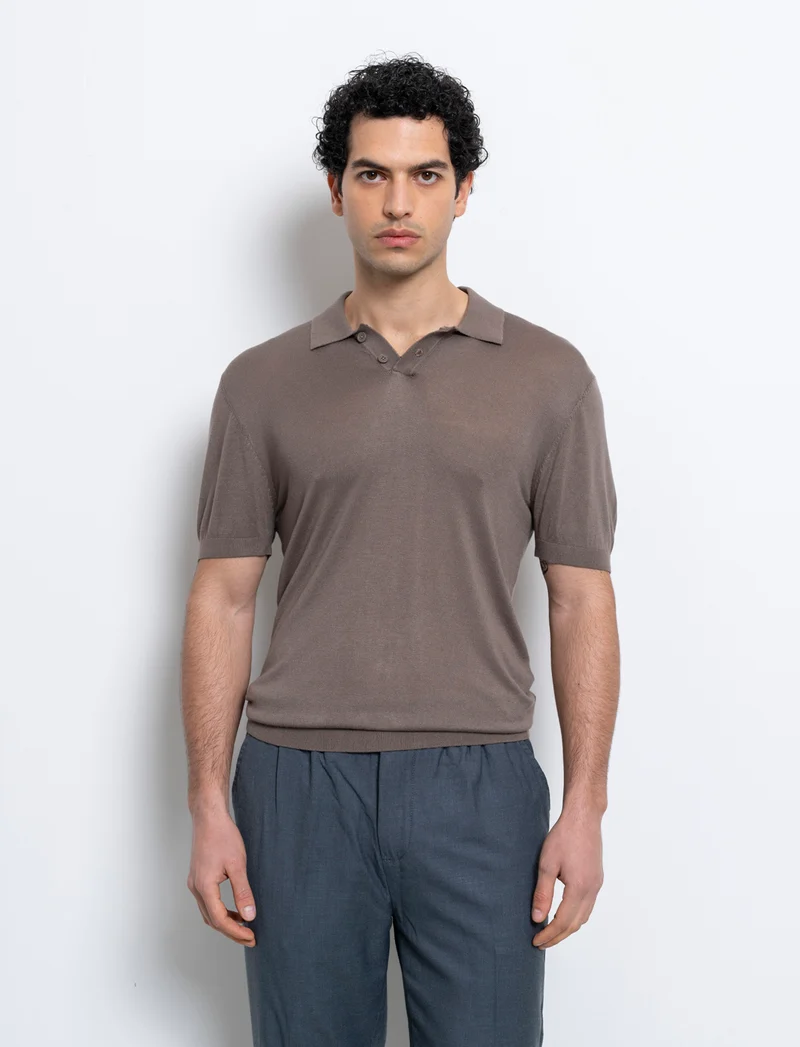 Polo in maglia sottile da uomo - Grigio fango