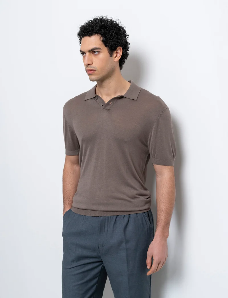 Polo in maglia sottile da uomo - Grigio fango