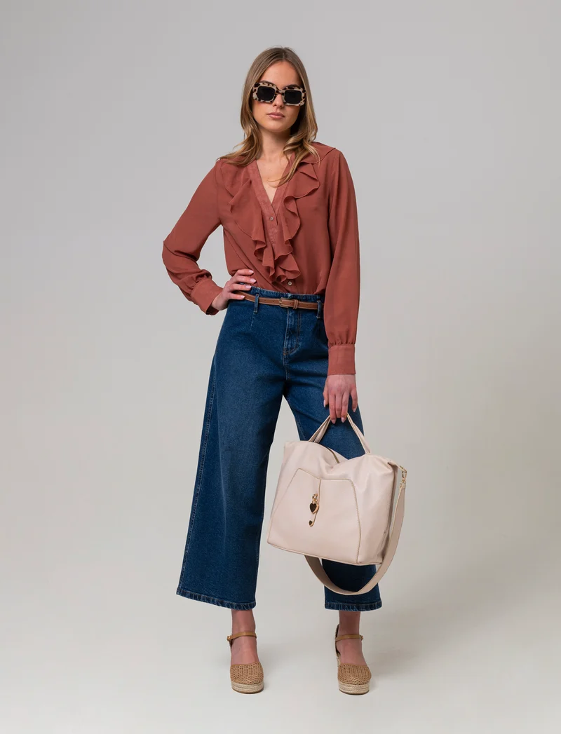 Camicia scollo a v e rusche da donna - Rosso mattone