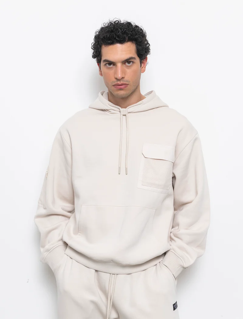 Felpa con stampe e cappuccio da uomo - Beige ecru