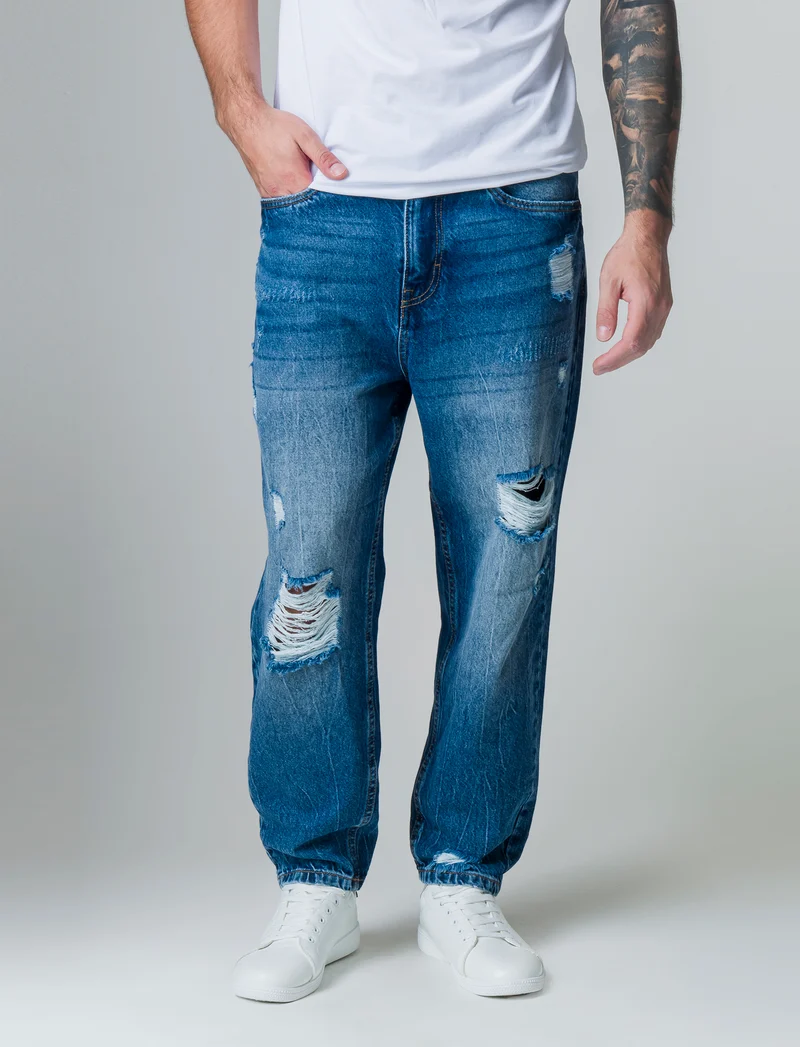 Jeans denim medio loose fit con strappi da uomo - Denim