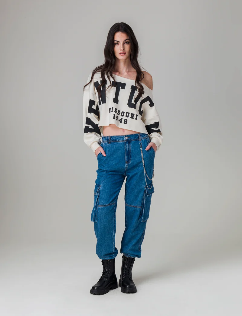 Denim jogger cargo da donna - Denim chiaro