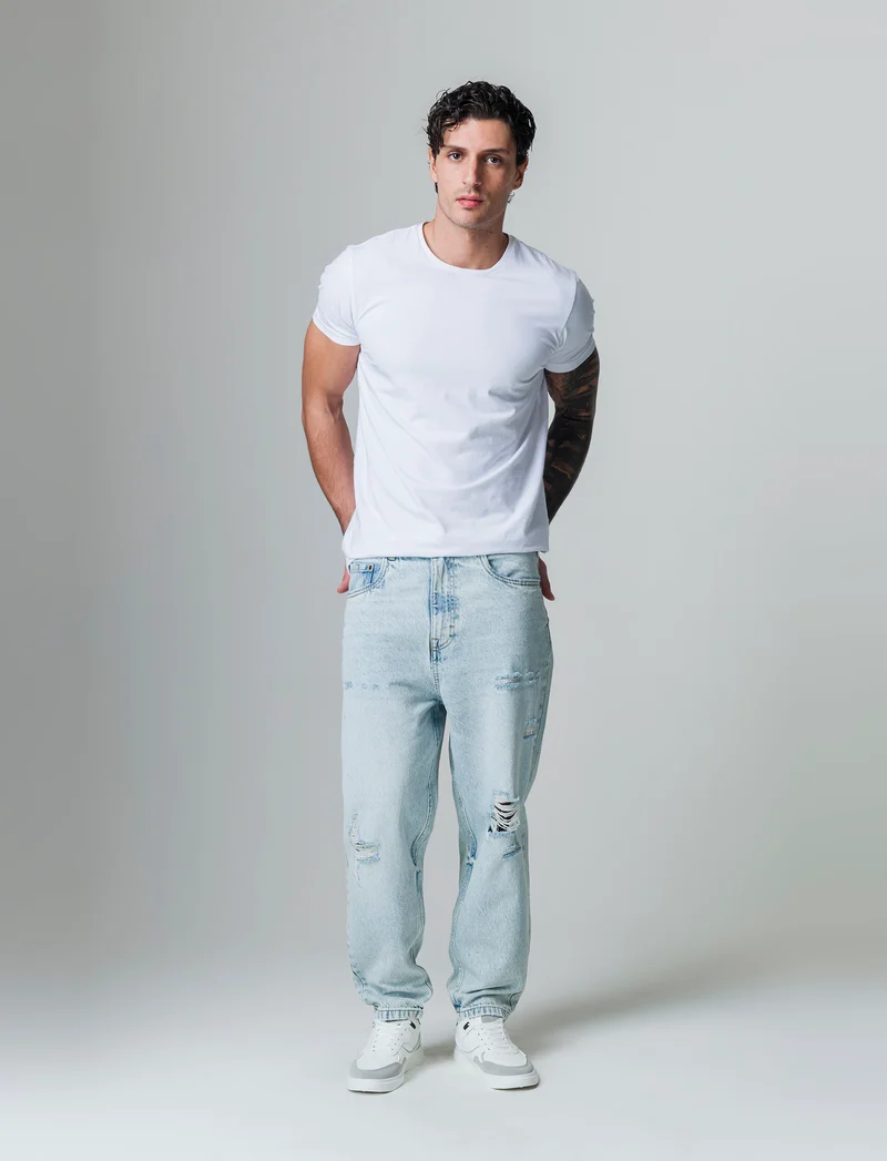 Jeans denim chiaro loose fit con strappi da uomo - Denim chiaro