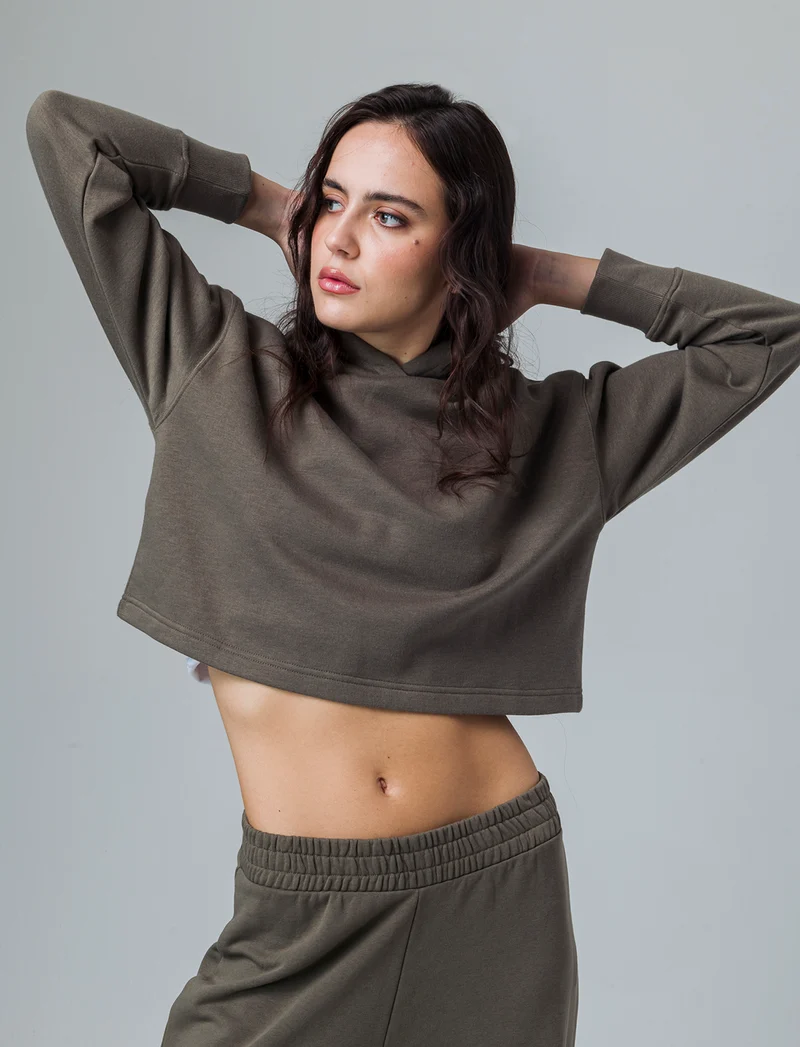 Felpa crop con cappuccio da donna - Verde salvia