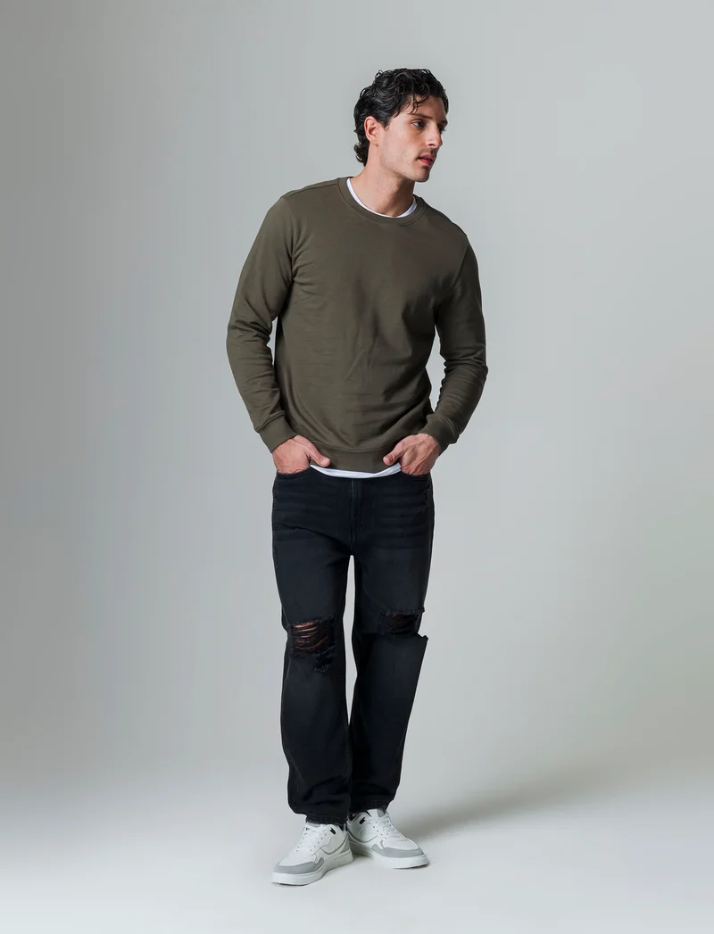 Felpa basic girocollo in cotone da uomo - Verde kaki