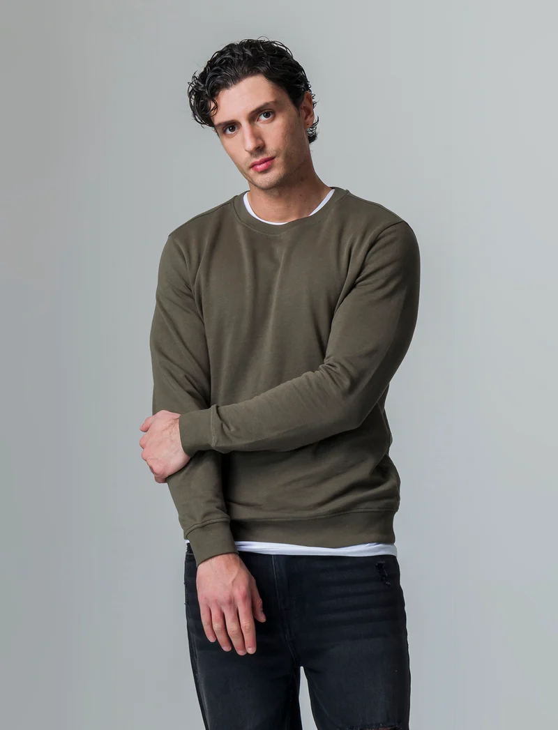 Felpa basic girocollo in cotone da uomo - Verde kaki