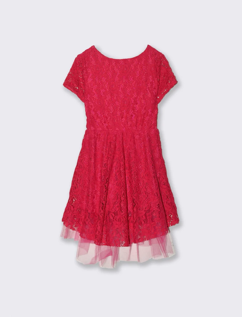 Abito da bambina svasato con balza in tulle - Fuxia
