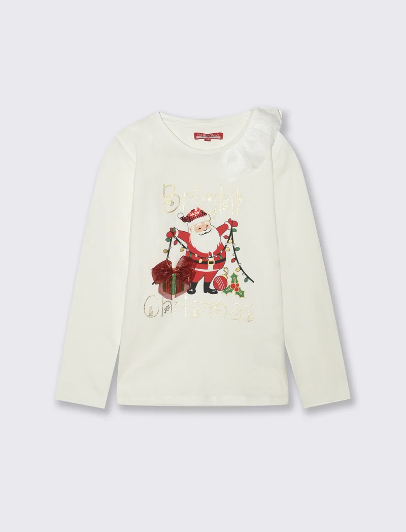 T-shirt natalizia a manica lunga. - Bianco latte