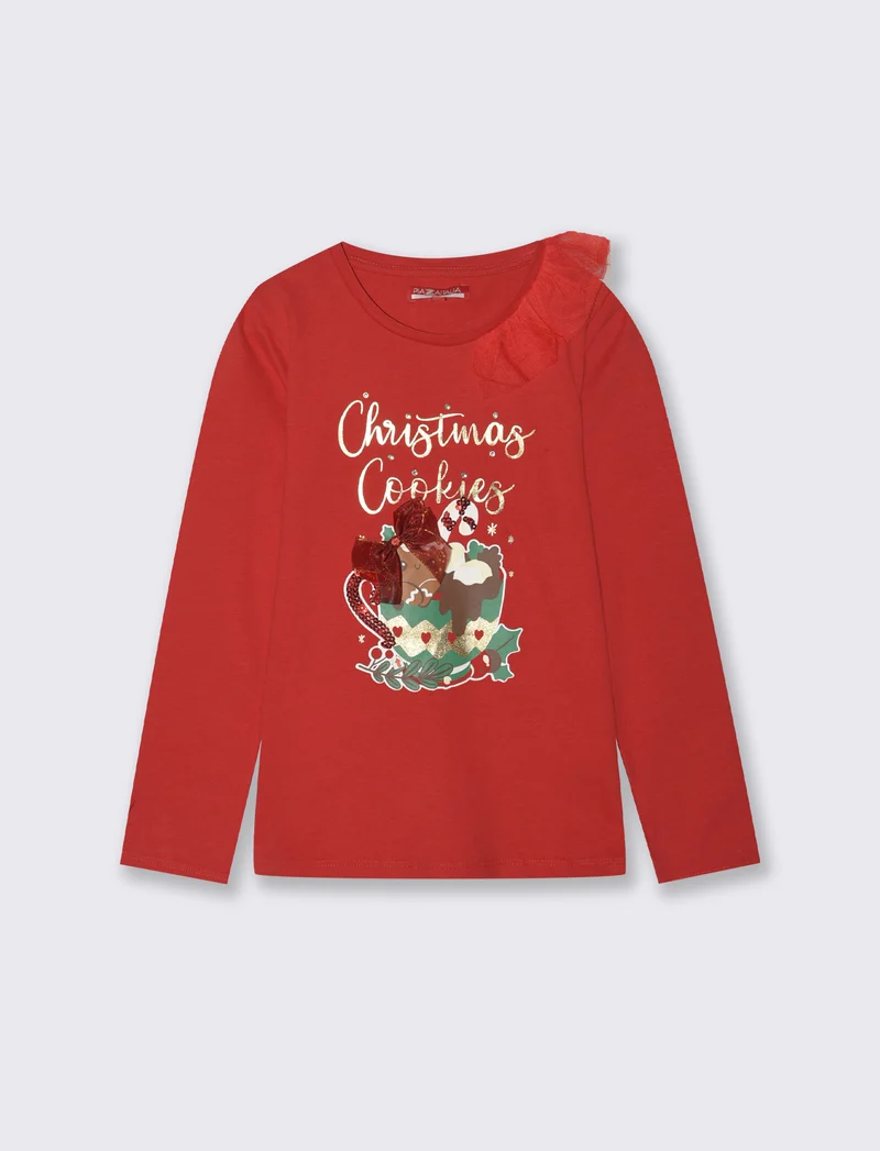 T-shirt natalizia a manica lunga. - Rosso
