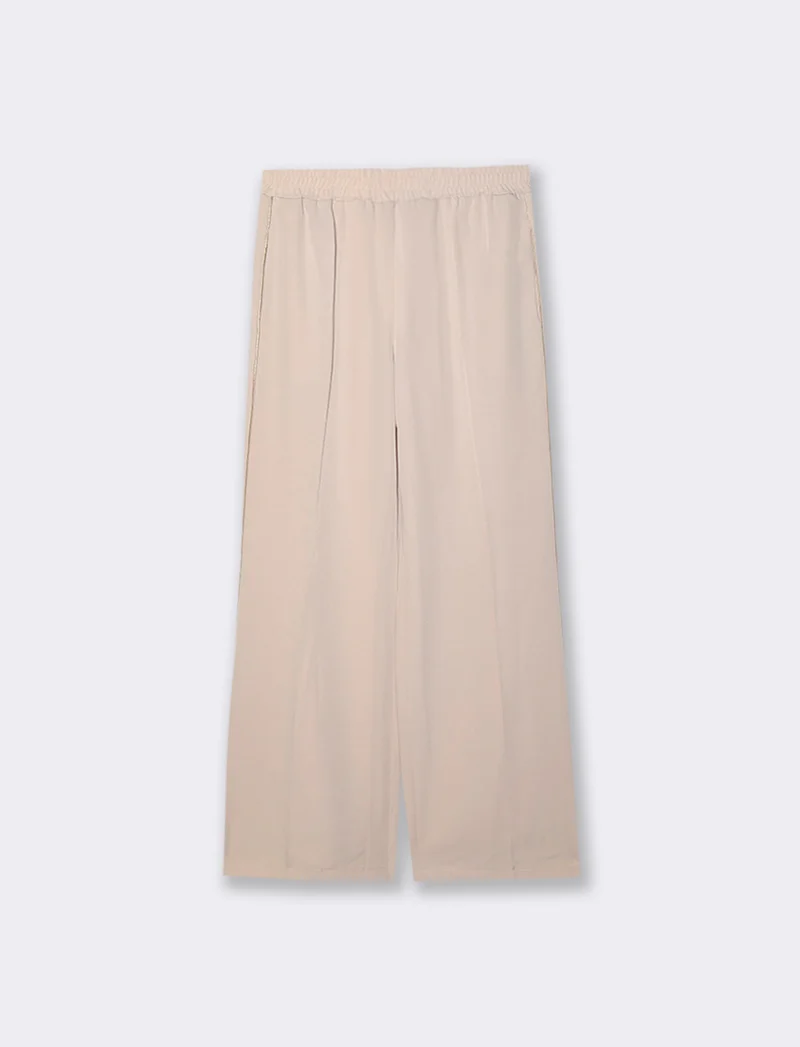 Pantalone palazzo con vita elasticizzata e coulisse regolabile. - Beige