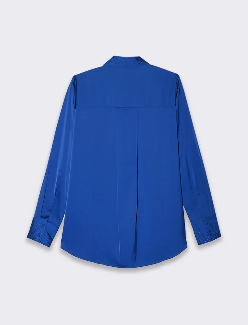 Camicia manica lunga in satin con strass da donna - Bluette