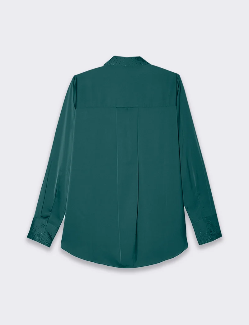 Camicia manica lunga in satin con strass da donna - Verde