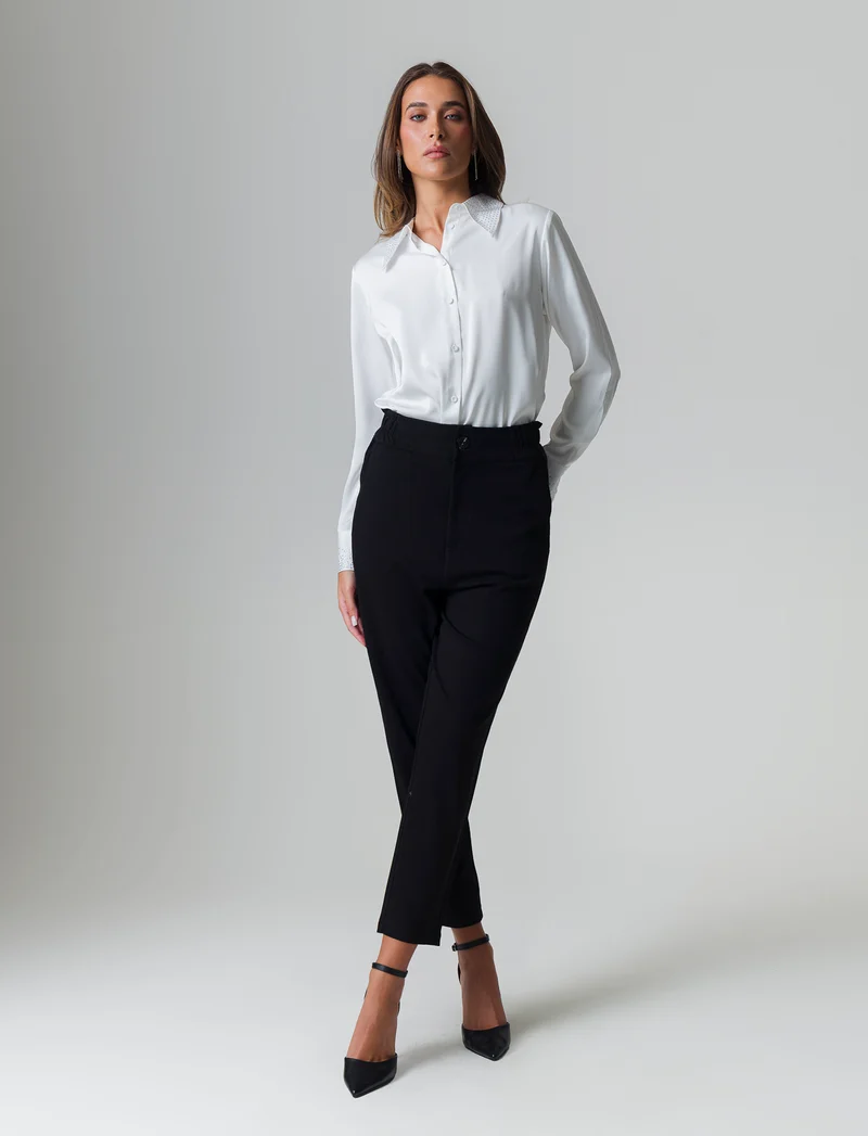 Camicia manica lunga in satin con strass da donna - Bianco panna