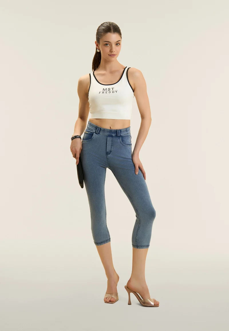 N.O.W. Yoga High Waist Skinny Capri Denim Jeans - Denim Med. Blue - Blue Seam