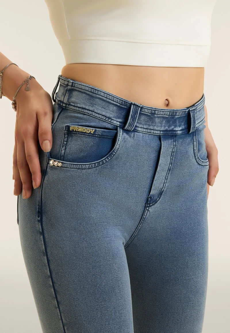 N.O.W. Yoga High Waist Skinny Capri Denim Jeans - Denim Med. Blue - Blue Seam