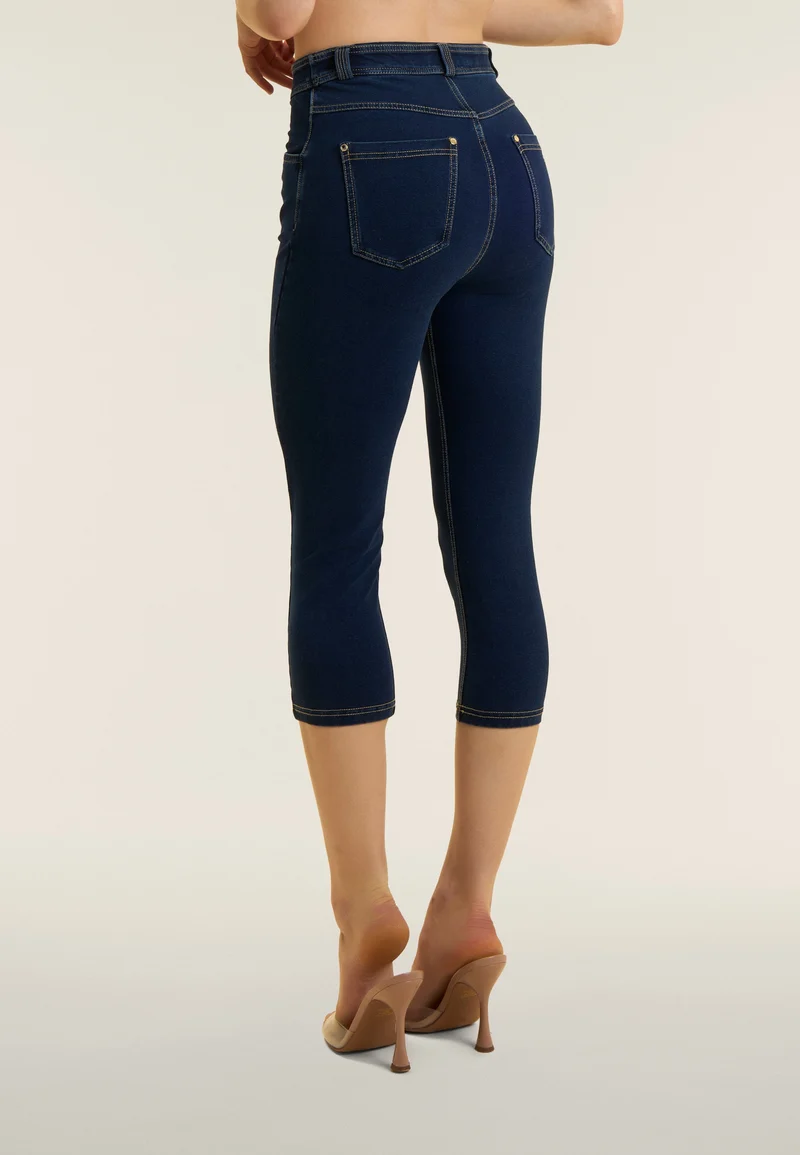 N.O.W. Yoga High Waist Skinny Capri Denim Jeans - Denim Dark Blue - Beige Seam