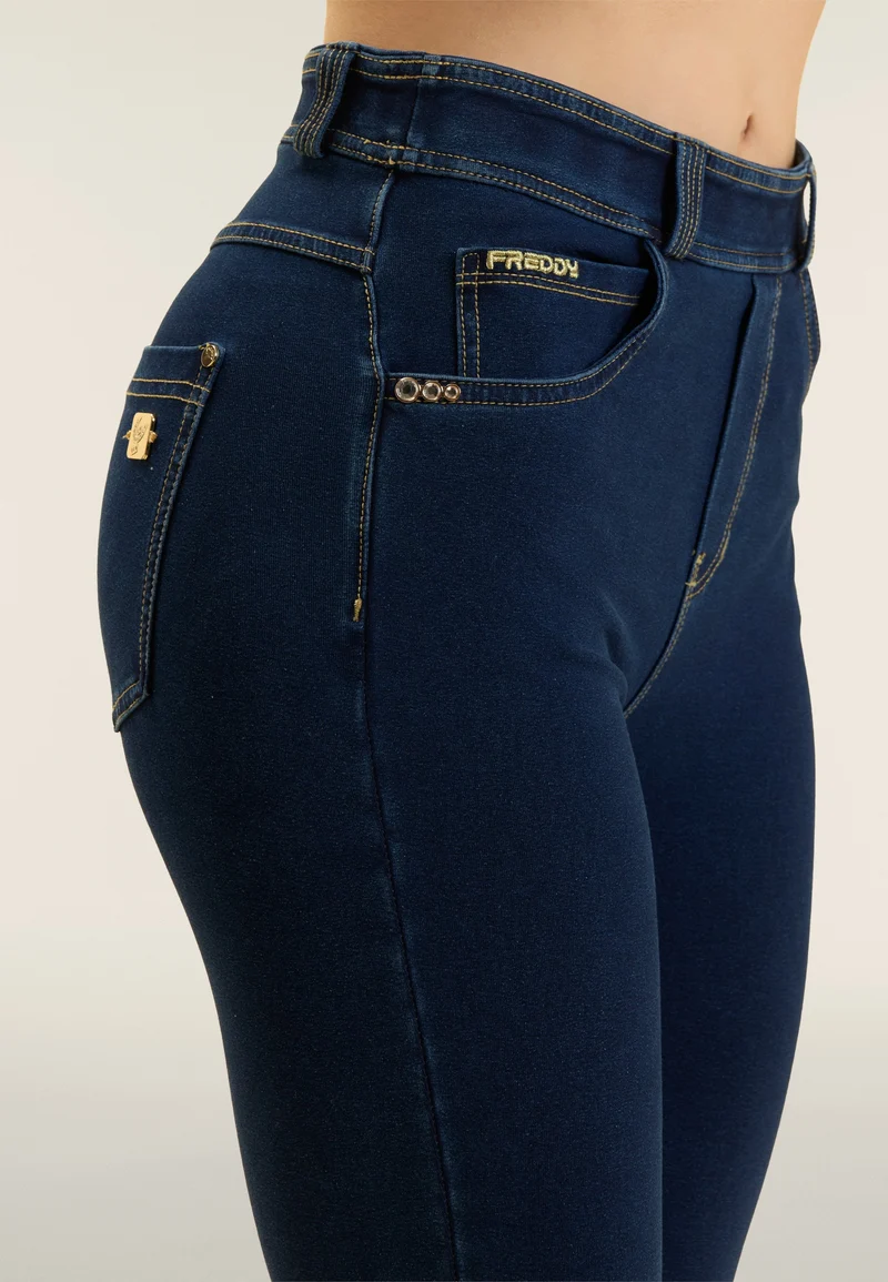 N.O.W. Yoga High Waist Skinny Capri Denim Jeans - Denim Dark Blue - Beige Seam