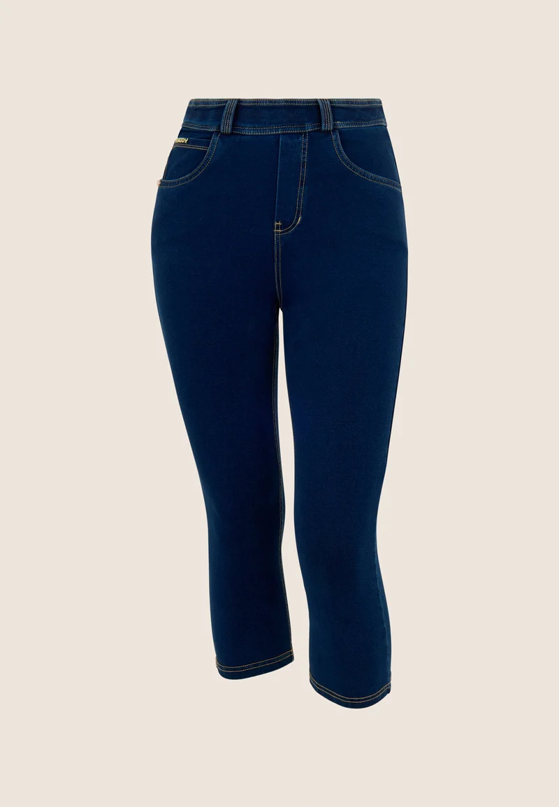 N.O.W. Yoga High Waist Skinny Capri Denim Jeans - Denim Dark Blue - Beige Seam