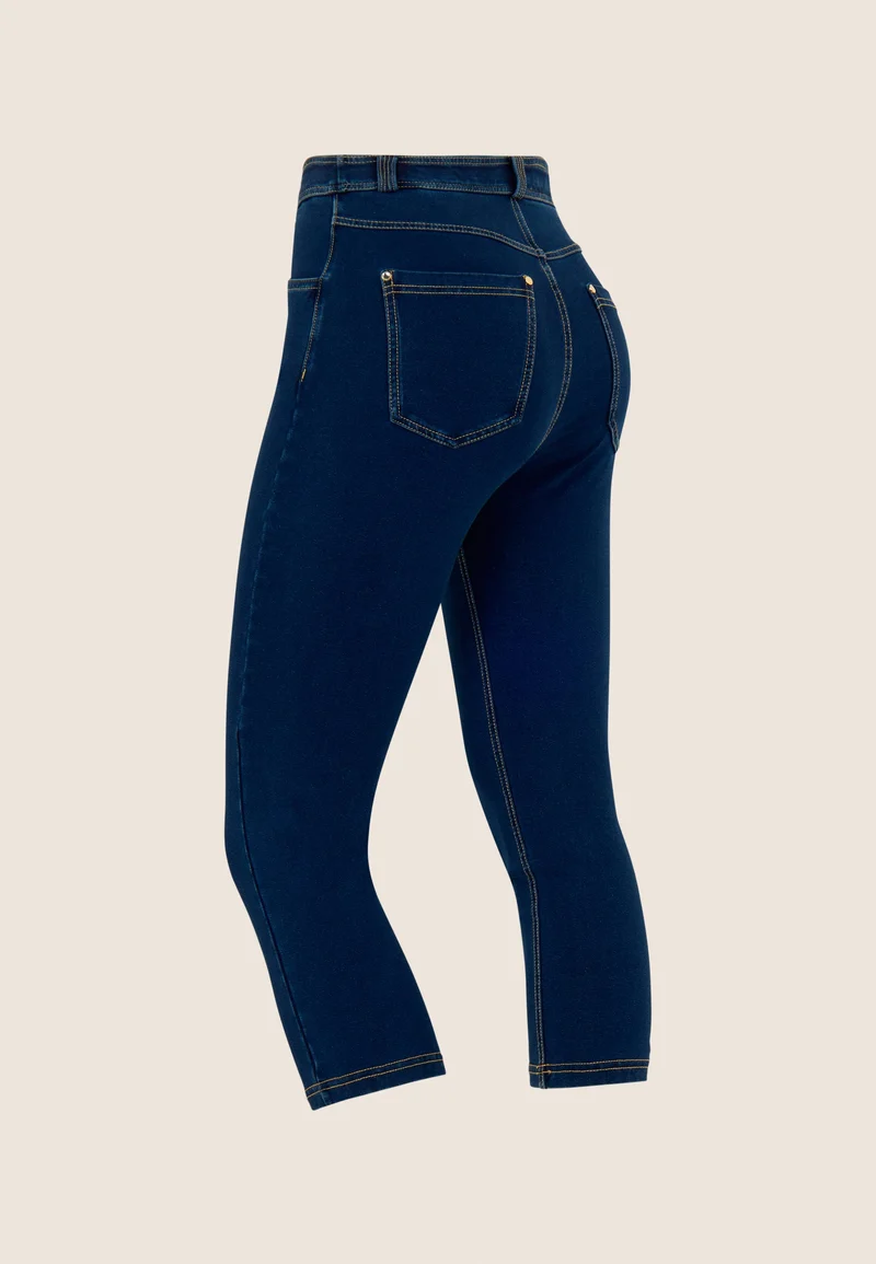 N.O.W. Yoga High Waist Skinny Capri Denim Jeans - Denim Dark Blue - Beige Seam
