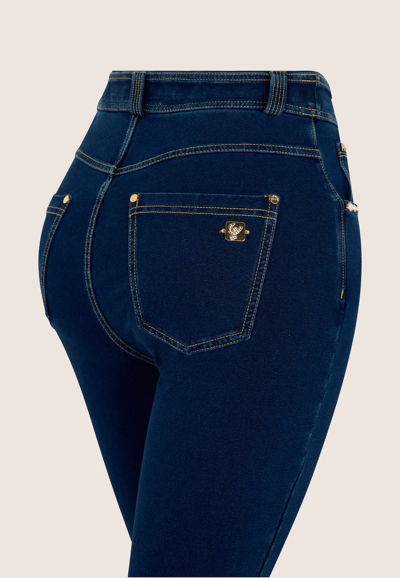 N.O.W. Yoga High Waist Skinny Capri Denim Jeans - Denim Dark Blue - Beige Seam