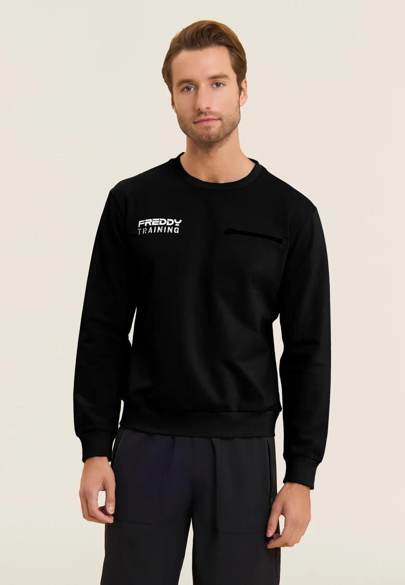 Crew neck sweatshirt in baby French terry with zip pocket - Black