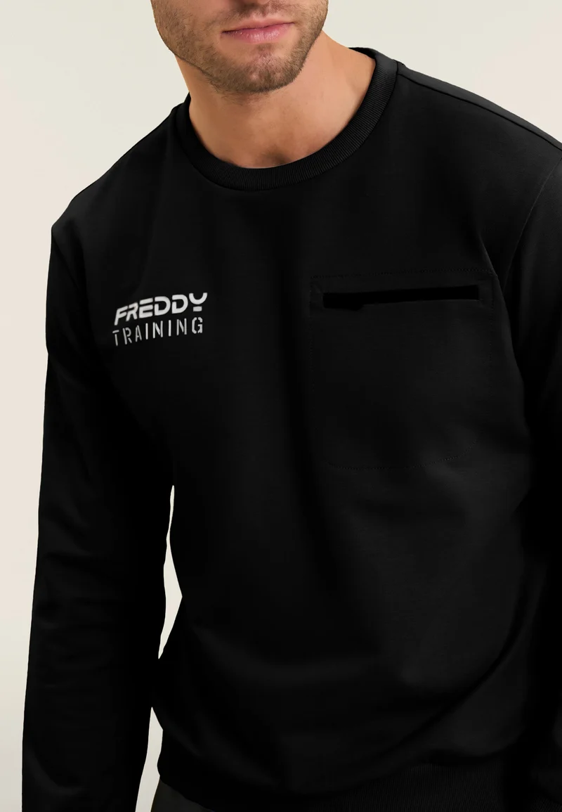 Crew neck sweatshirt in baby French terry with zip pocket - Black
