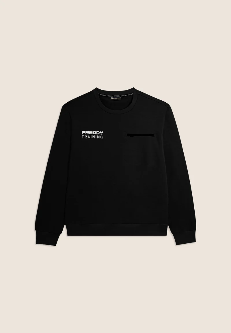 Crew neck sweatshirt in baby French terry with zip pocket - Black