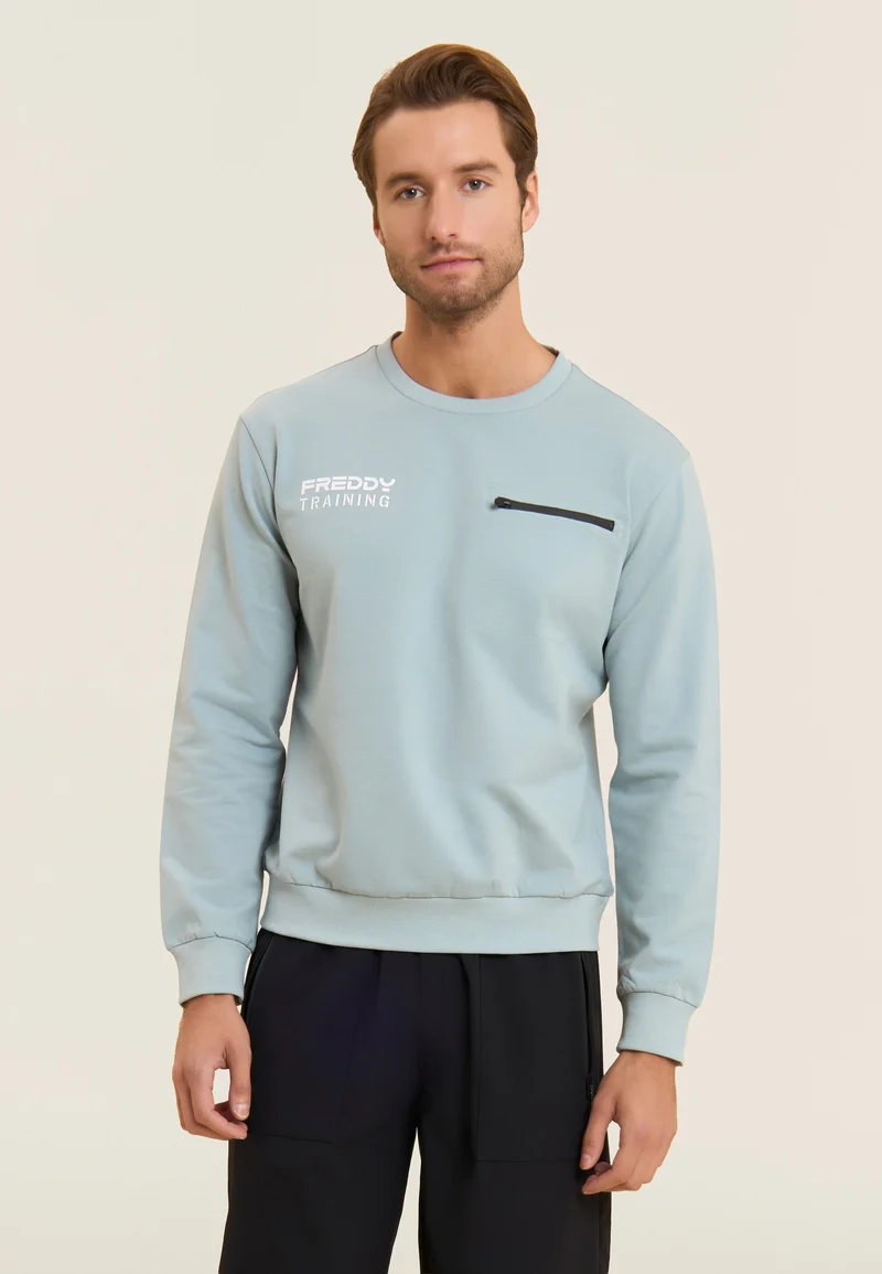 Crew neck sweatshirt in baby French terry with zip pocket - Arona Blue