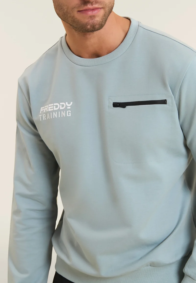 Crew neck sweatshirt in baby French terry with zip pocket - Arona Blue