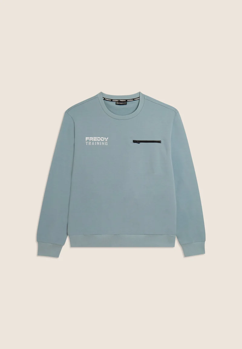 Crew neck sweatshirt in baby French terry with zip pocket - Arona Blue