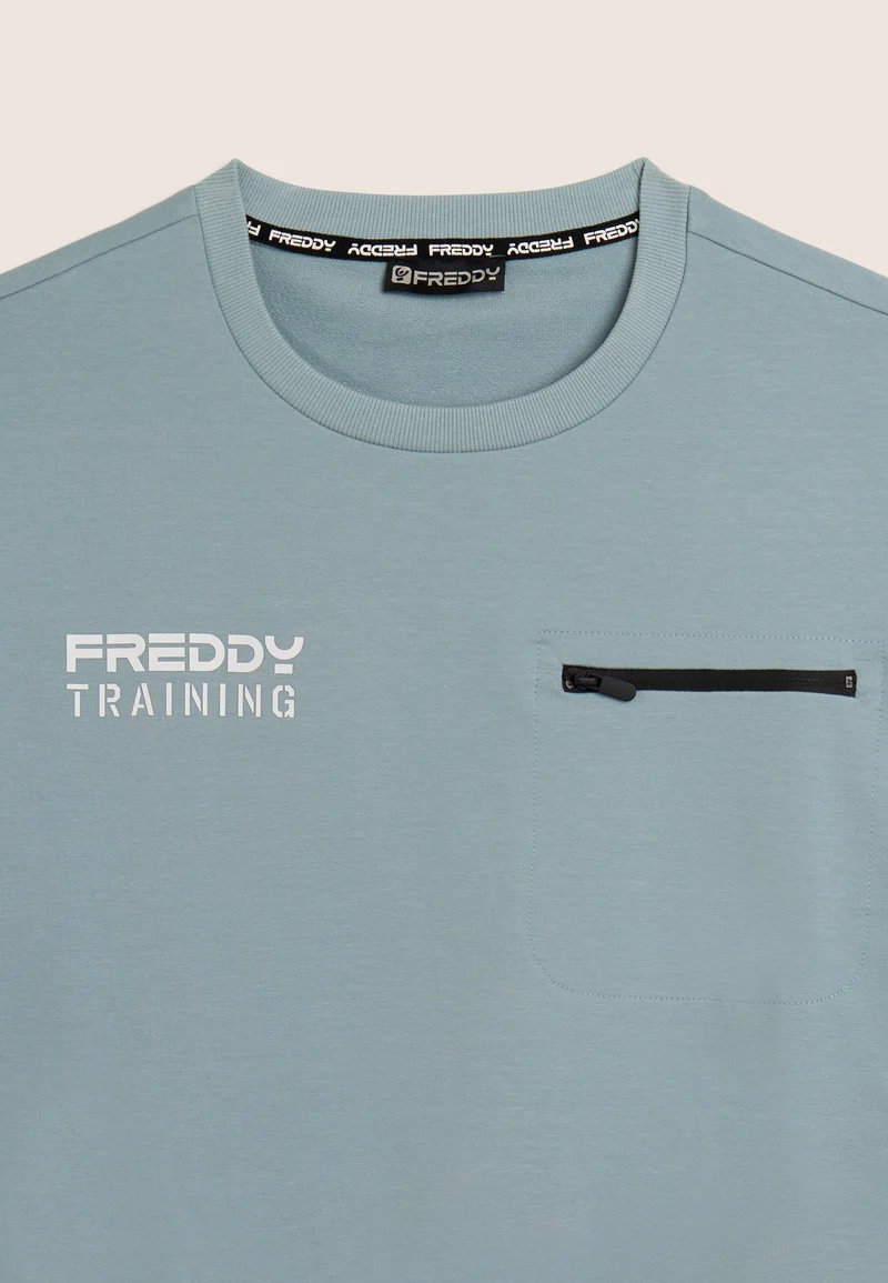 Crew neck sweatshirt in baby French terry with zip pocket - Arona Blue