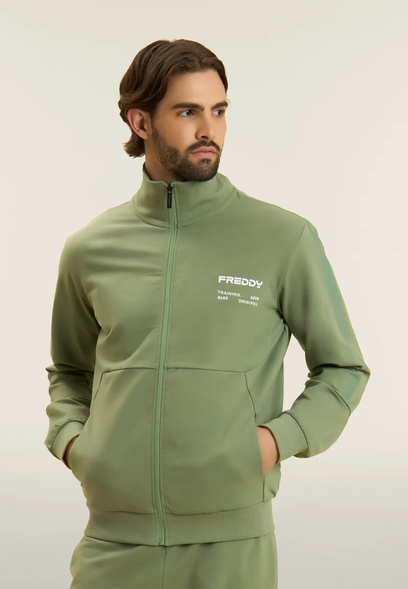 Full-zip sweatshirt and hoodie with tone-on-tone details - Hedge Green