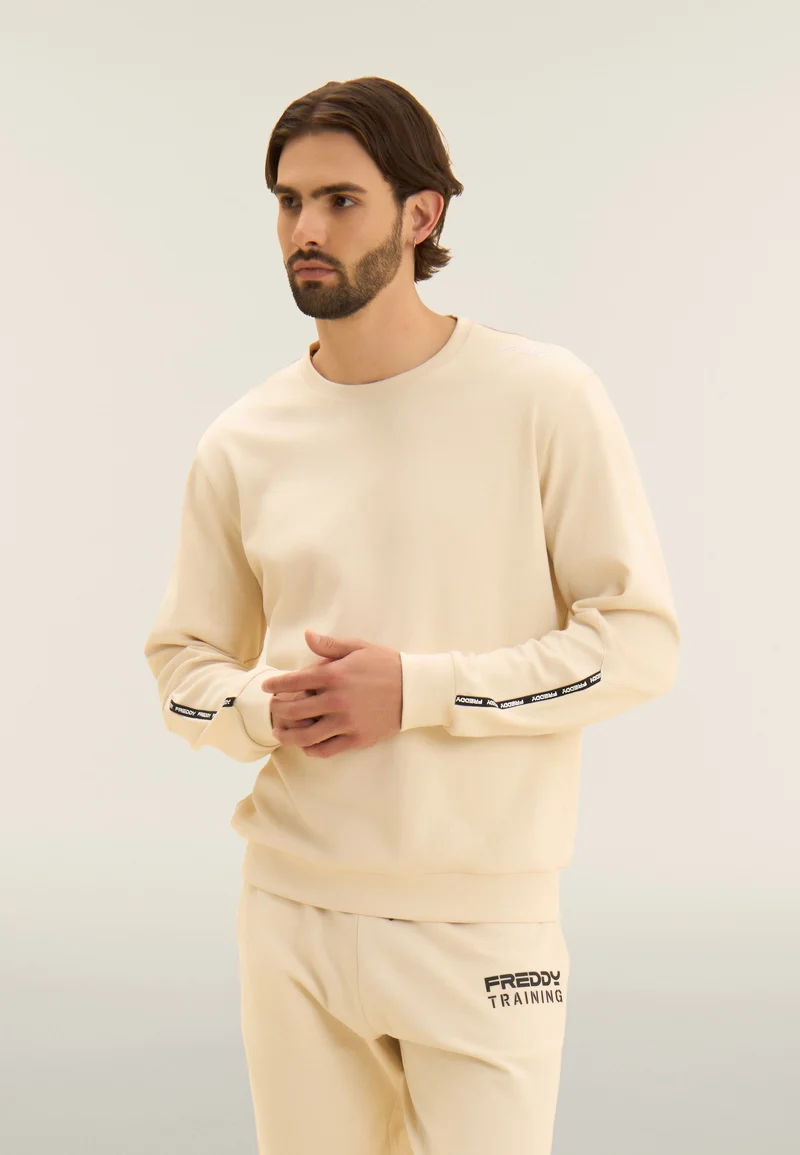 Cotton crew neck sweatshirt with logo insert on sleeves - White Swan