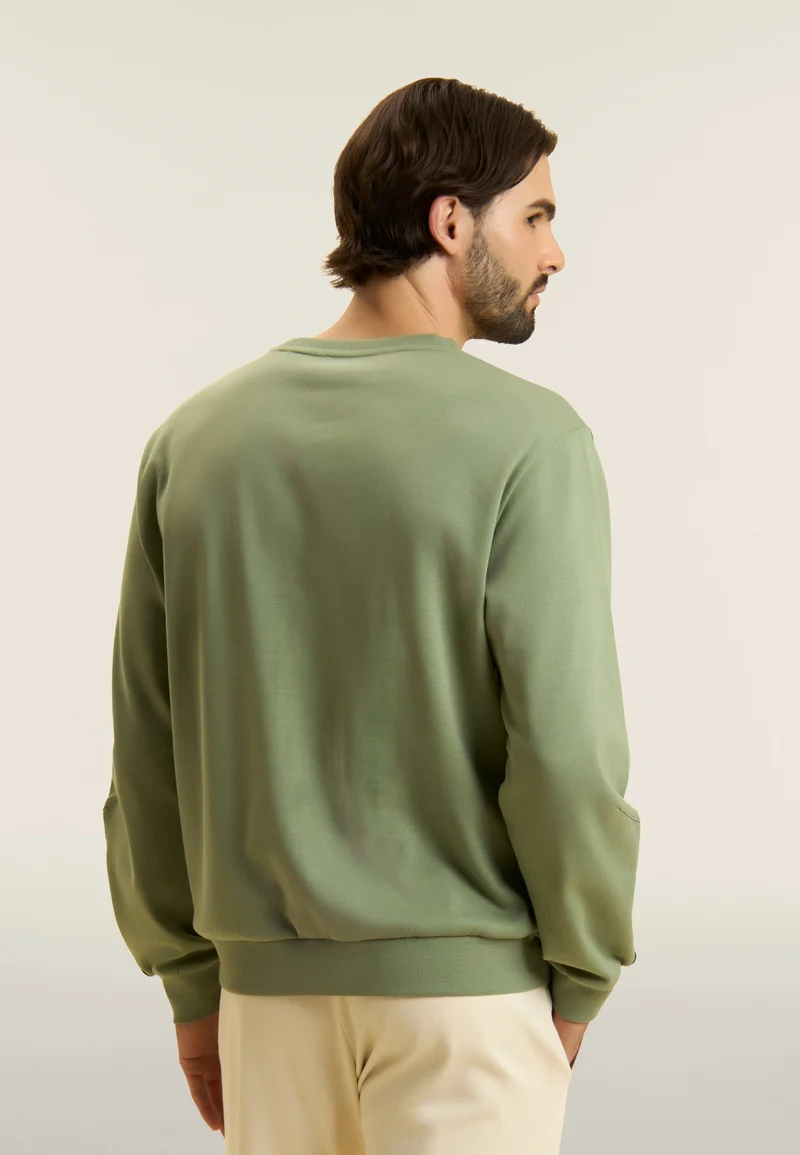 Cotton crew neck sweatshirt with logo insert on sleeves - Hedge Green