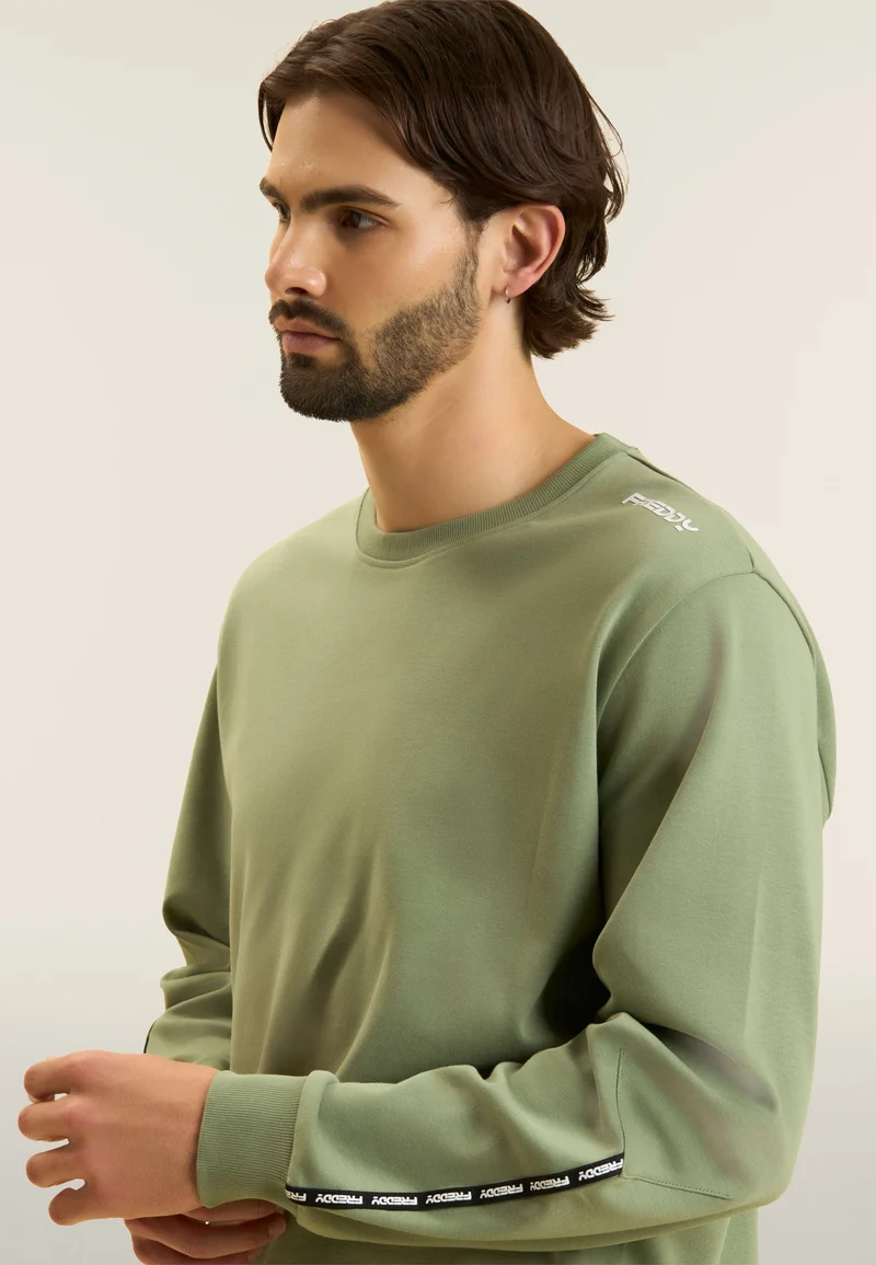 Cotton crew neck sweatshirt with logo insert on sleeves - Hedge Green