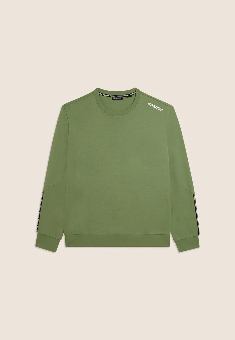 Cotton crew neck sweatshirt with logo insert on sleeves - Hedge Green