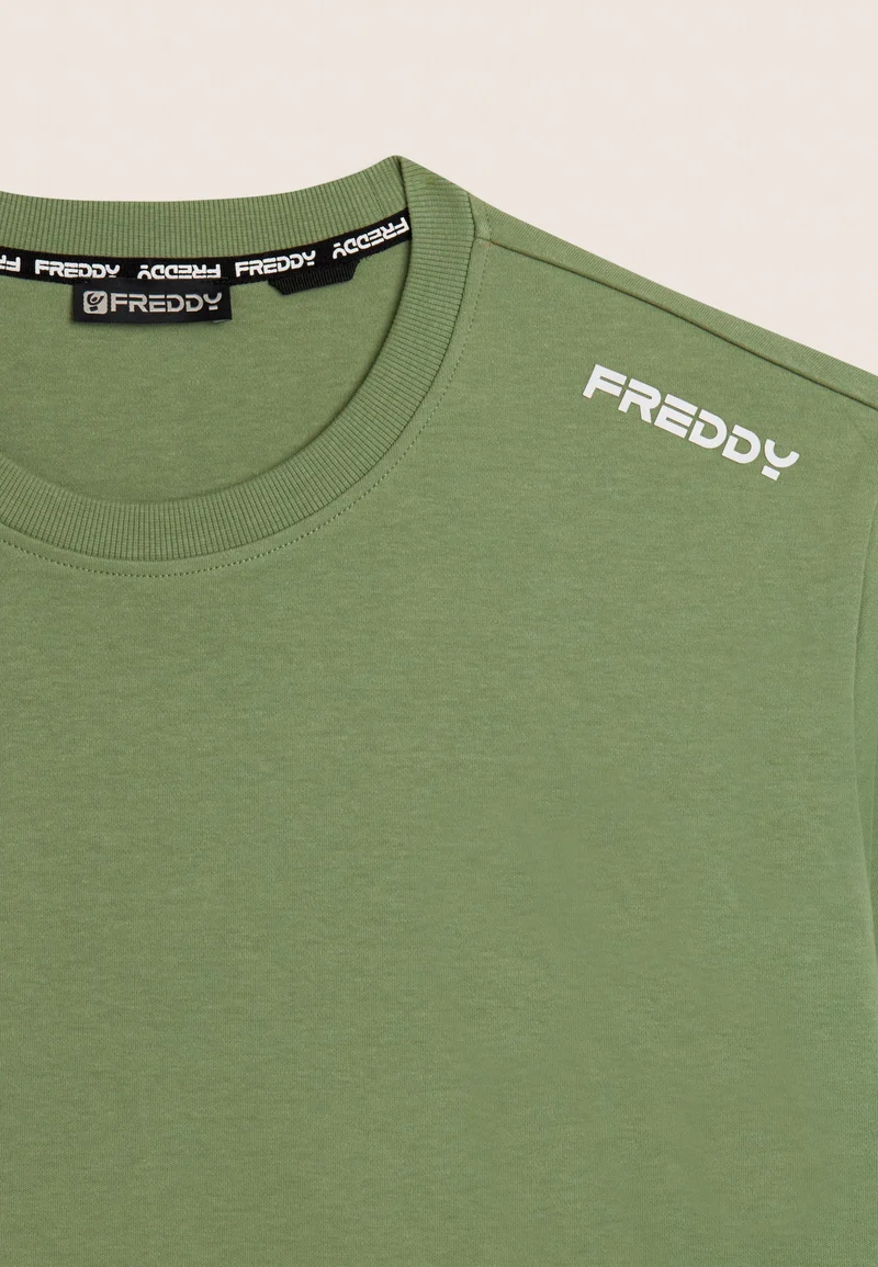 Cotton crew neck sweatshirt with logo insert on sleeves - Hedge Green