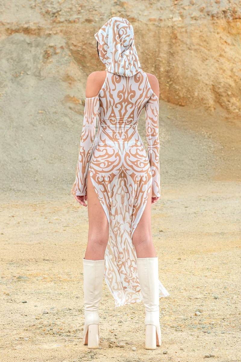 White Ritual Hooded Long Sleeve Dress