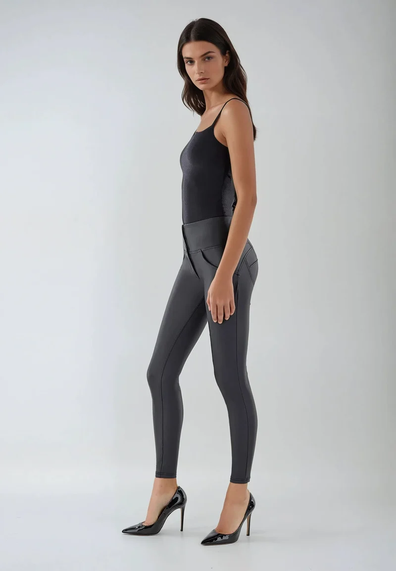 WR.UP Push-Up Button High Waist Skinny Vegan Leather Pant - Black