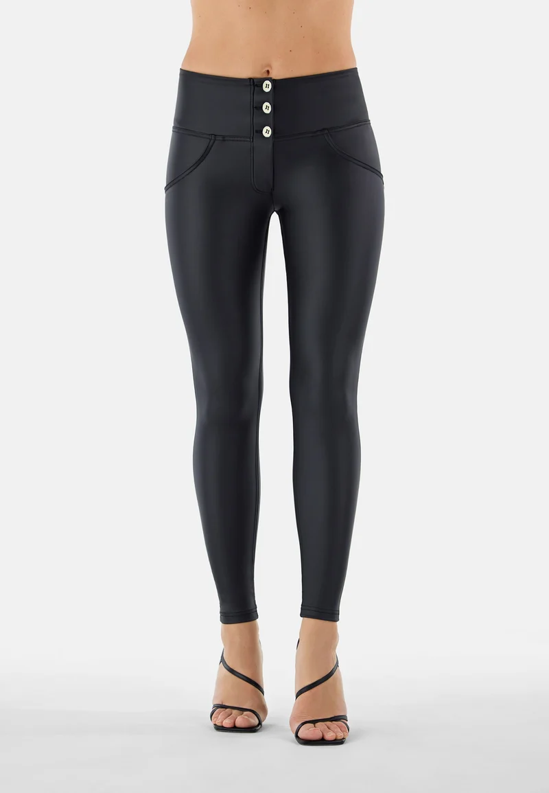 WR.UP Push-Up Button High Waist Skinny Vegan Leather Pant - Black