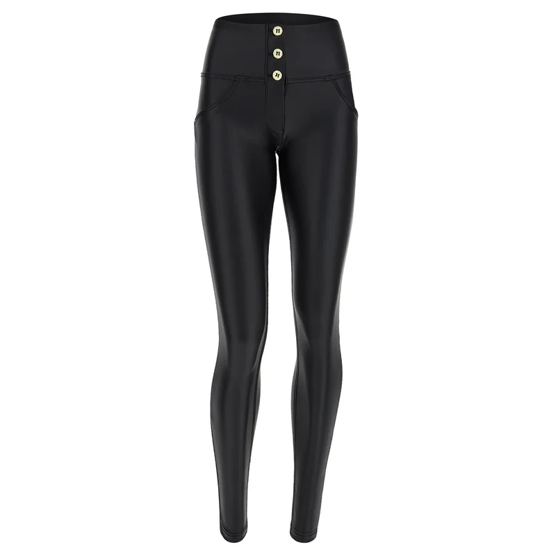 WR.UP Push-Up Button High Waist Skinny Vegan Leather Pant - Black