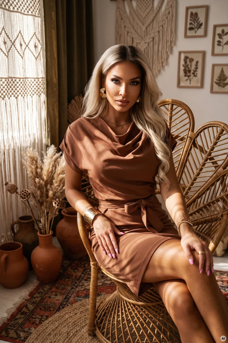 Braunes Minikleid mit Wasserfall-Ausschnitt und Gürtel