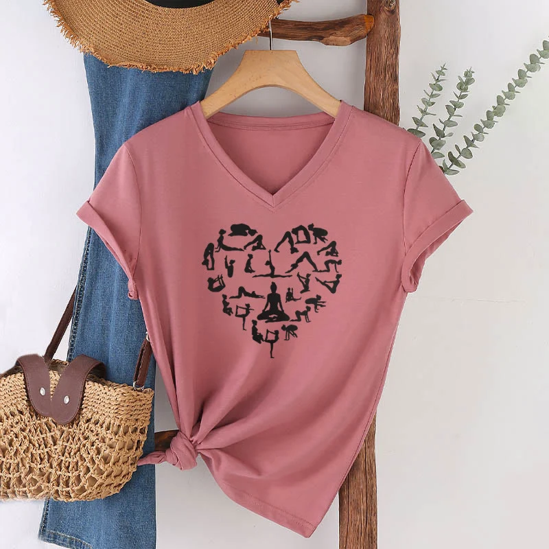 Olivenorma Herzförmiges Damen-T-Shirt mit V-Ausschnitt und Silhouette aller Yoga-Posen