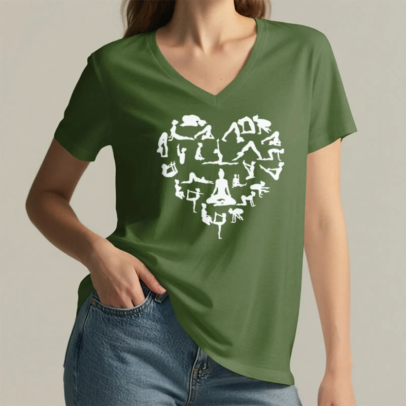 Olivenorma Herzförmiges Damen-T-Shirt mit V-Ausschnitt und Silhouette aller Yoga-Posen