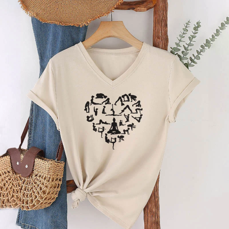 Olivenorma Herzförmiges Damen-T-Shirt mit V-Ausschnitt und Silhouette aller Yoga-Posen